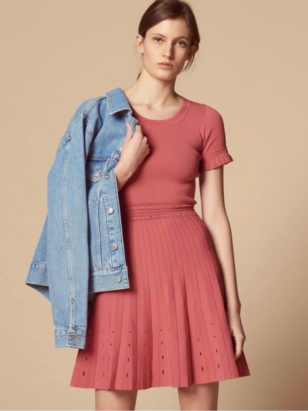 Sandro Paris Rose Pink Etor Eyelet-Detail Pleated Knit Dress - Picture 8 of 10